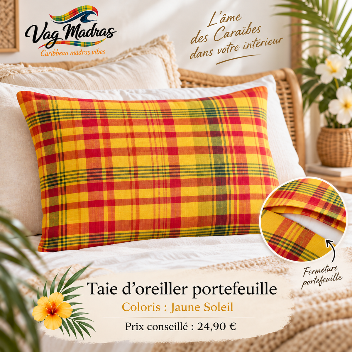 Taie d’oreiller portefeuille en tissu madras, coloris Jaune Soleil – Vag Madras