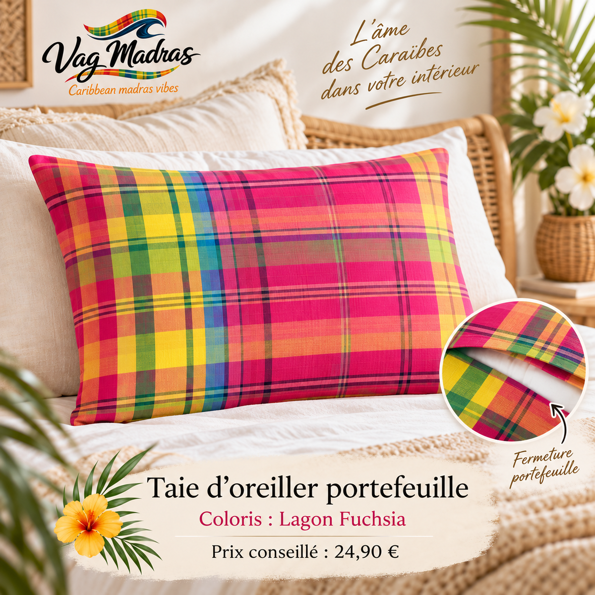 Taie d’oreiller portefeuille en tissu madras, coloris Lagon Fuchsia – Vag Madras