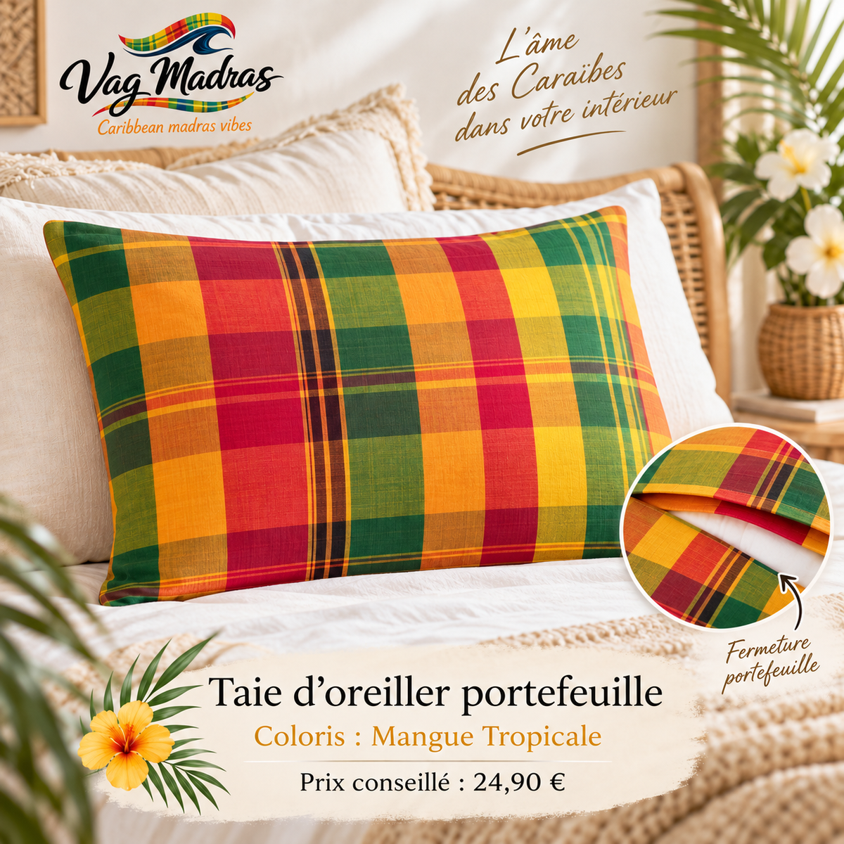 Taie d’oreiller portefeuille en tissu madras, coloris Mangue Tropicale – Vag Madras