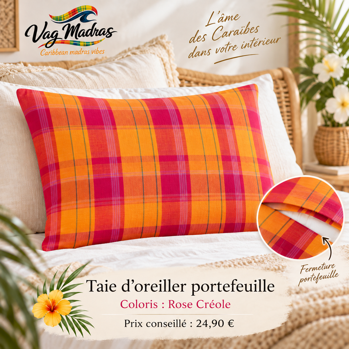 Taie d’oreiller portefeuille en tissu madras, coloris Rose Créole – Vag Madras