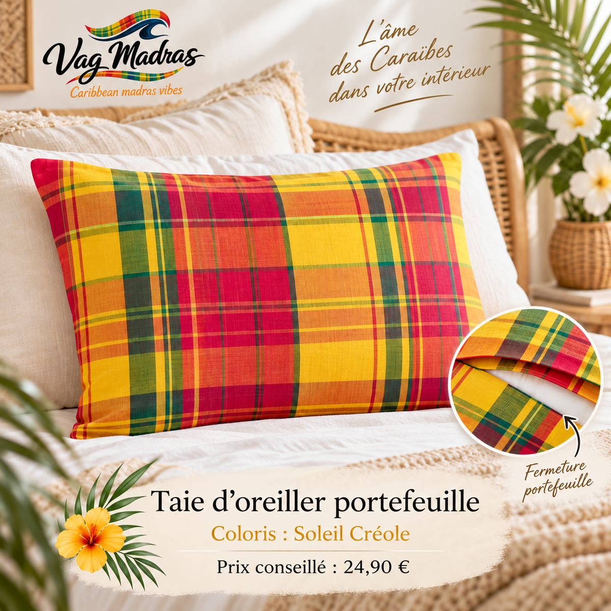 Taie d’oreiller portefeuille en tissu madras, coloris Soleil Créole – Vag Madras