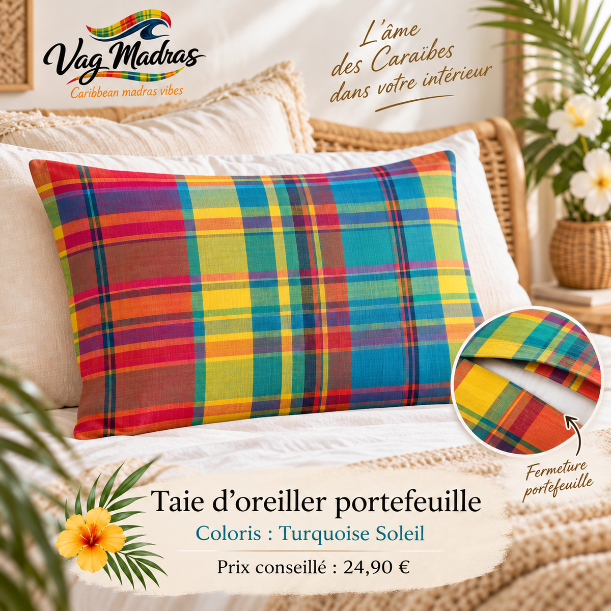 Taie d’oreiller portefeuille en tissu madras, coloris Turquoise Soleil – Vag Madras