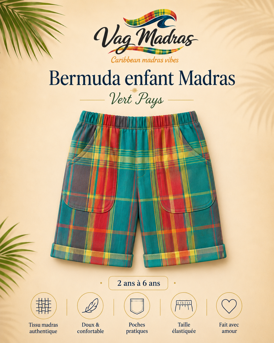 Bermuda garçon madras Vert Pays – fait main